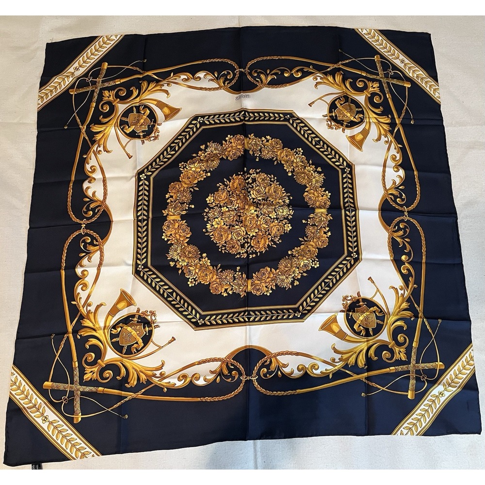 Vintage ERRE Silk Scarf 33" Square Navy Gold Equestrian Baroque Riding Crop Horn